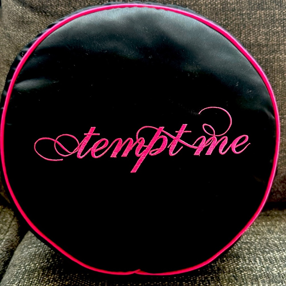 SATIN PILLOW BLACK WITH SEXY “TEMPT ME” EMBROIDERED IN PINK ON FRONT